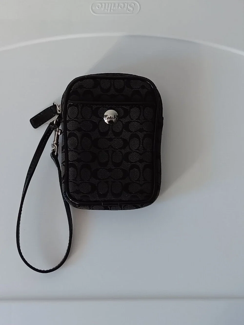 Vintage Coach Signature Canvas Leather Wristlet Phone Case Bag Black Silver